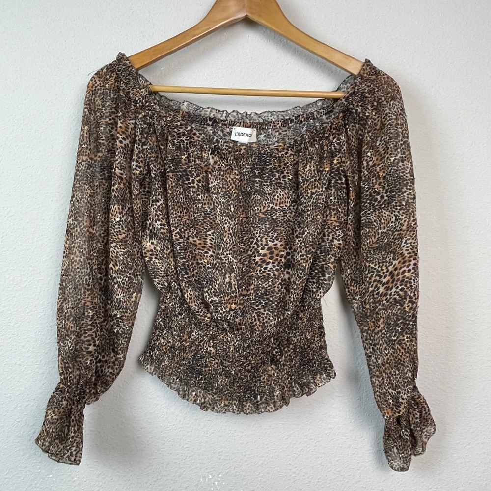 L'AGENCE Leopard Print Off Shoulder Smocked Blouse Women XS Brown Gold Excellent